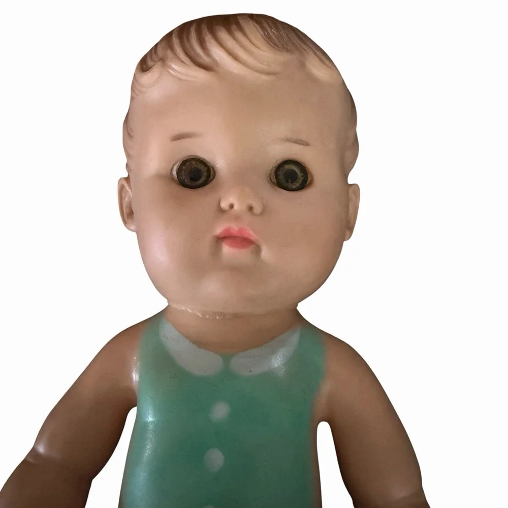 Vintage 1950s The Sun Rubber Baby Doll   Green‎ Romper MCM Toy 10